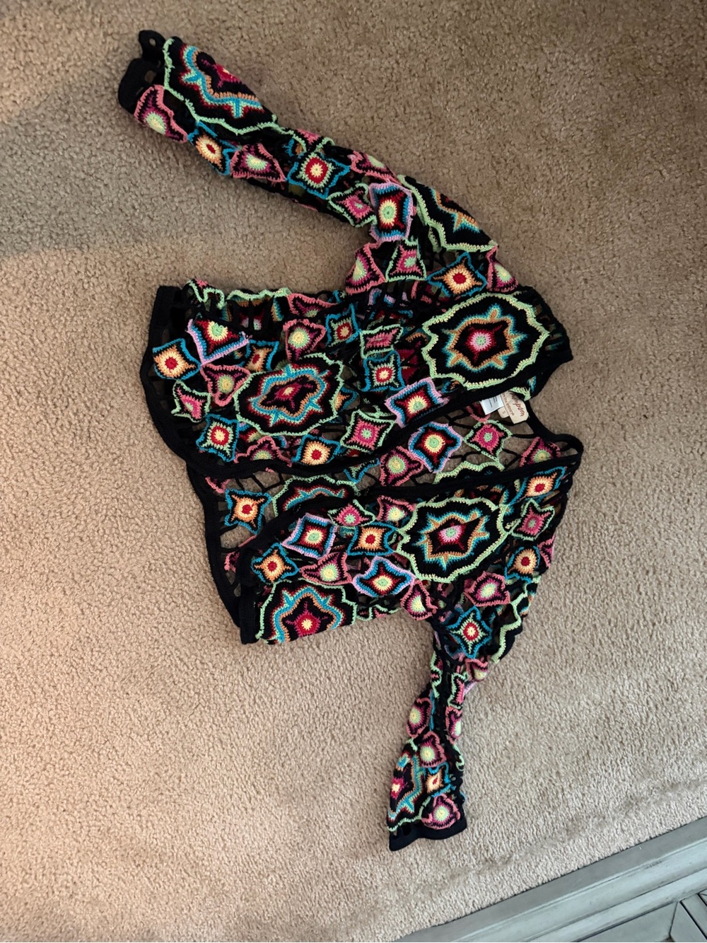 Norm Thompson Multicolor Crochet Accent Cardigan with Black Trim